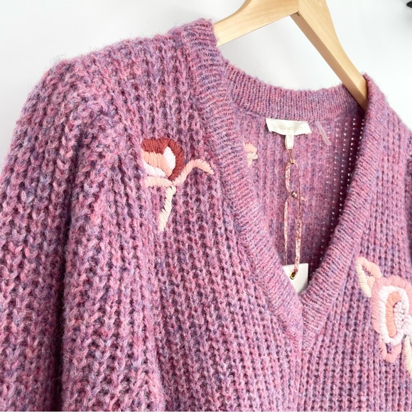 NWT LoveShackFancy Chunky Ridge Sweater with Floral Embroidery in Berry Size SM - Picture 10 of 15